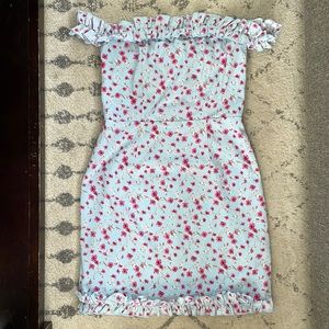 Adorable off the shoulder blue dress with pink flowers
